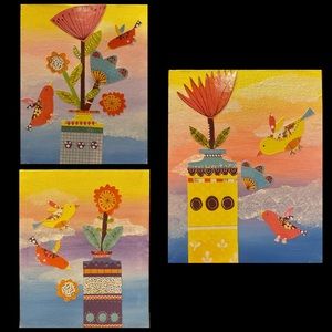3 hand painted bird and flower canvases